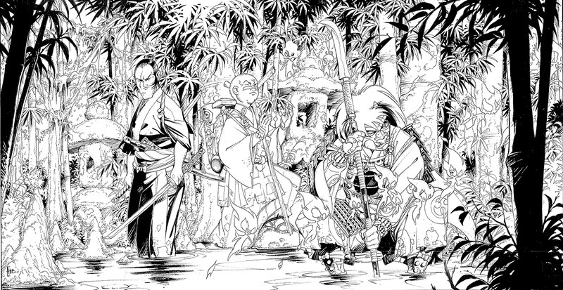 Hub, 2014 - Okko, Noburo et le moine Noshin dans la forêt - Original Illustration