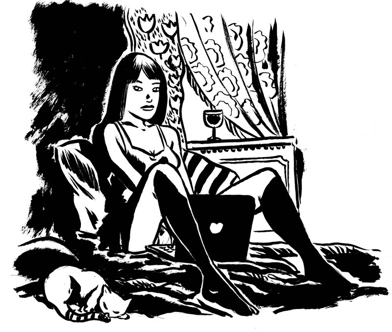 Lectrice au chat par Deloupy - Illustration originale