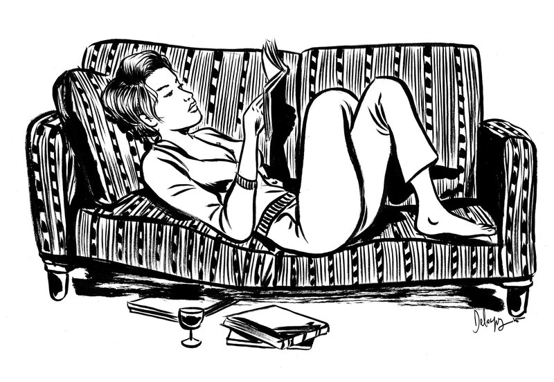 Lectrice sur canapé par Deloupy - Illustration originale