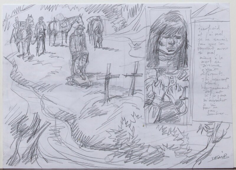 Derib, Petite note triste - crayonné représentant les deux tombes des héros ensemble à jamais - Planche originale