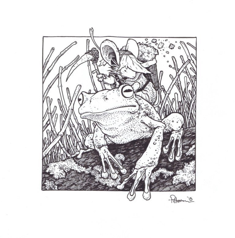 David Petersen, Mouse harvester riding a frog - Original Illustration
