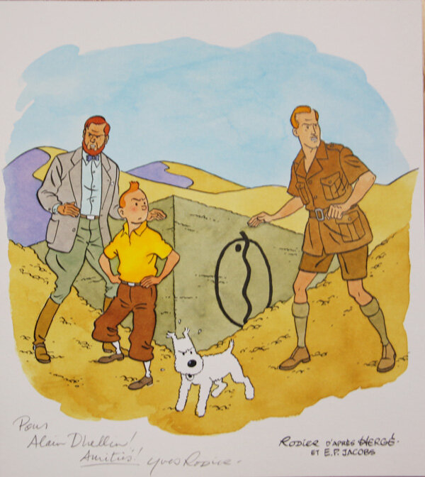 Yves Rodier, Blake & Mortimer en compagnie de Tintin. - Illustration originale