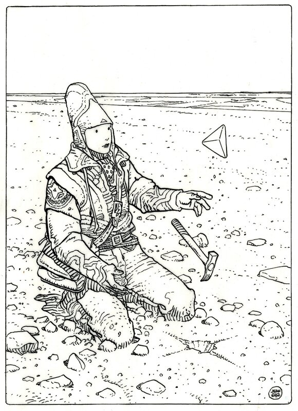 Moebius, Capture d'un triangle d'or. - Illustration originale