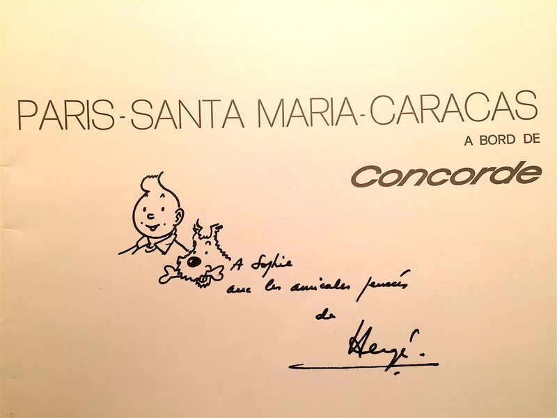 Hergé, Menu Concorde Paris/Caracas du 5 mai 1978 - Dédicace