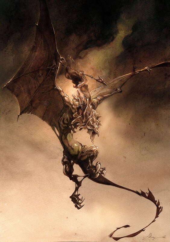 Anthony Jean, Guerrière chevauchant un Dragon Primordial - Original Illustration