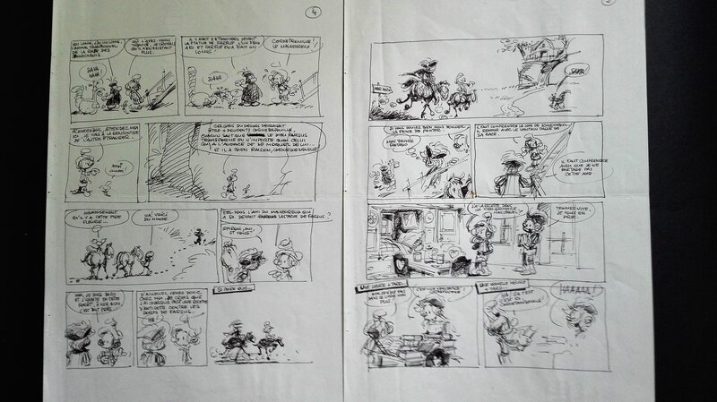 Jean-Claude Fournier, Double planche crayonnée spirou vacances à brocéliande - Planche originale