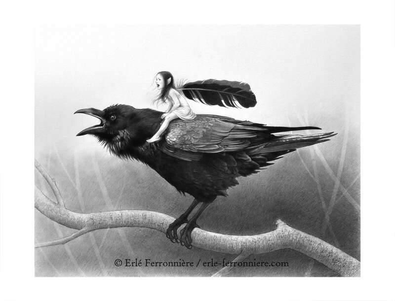 Erlé Ferronnière, La fée sur le corbeau - Illustration originale