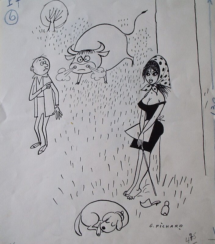 Georges Pichard, « - C'est un taureau ? - Poser une question pareille à une jeune fille ! ». - Original Illustration