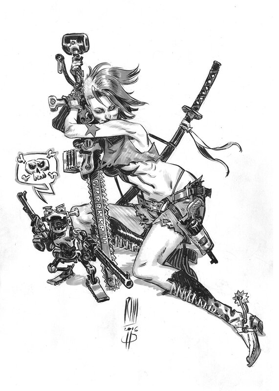 Roberto Ricci, Chainsawgunsamuraigirl & robot - Illustration originale