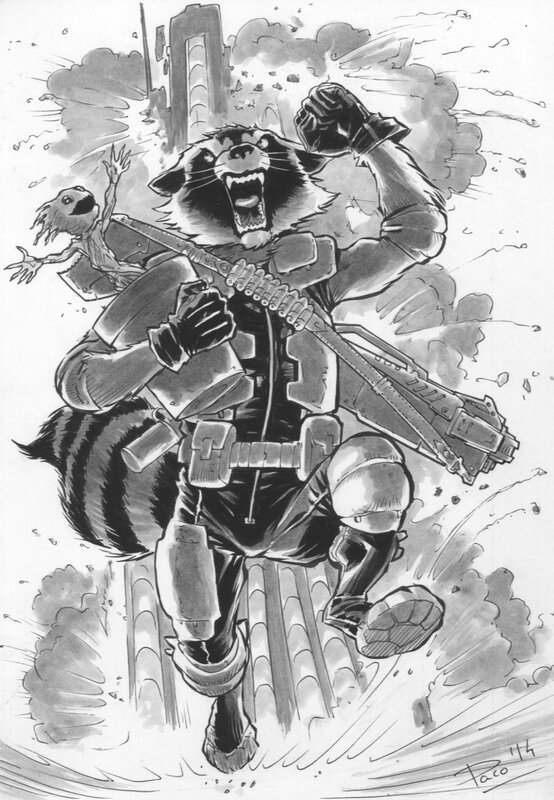 Les gardiens de la galaxie : Raccon rocket et Groot de Paco Baidal - Illustration originale