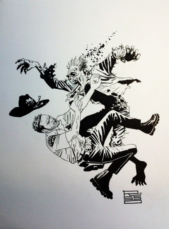 Eduardo Risso, Robert Kirkman, The Walking Dead : Rick Grimes shoots a Zombie - Commission - Illustration originale