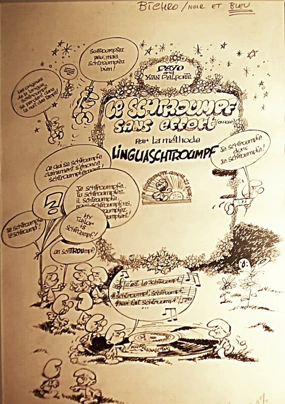 Marc Wasterlain, Peyo, Yvan Delporte, Le Schtroumpf sans Effort par la Méthode Linguaschtroumpf, 1971. - Original Illustration