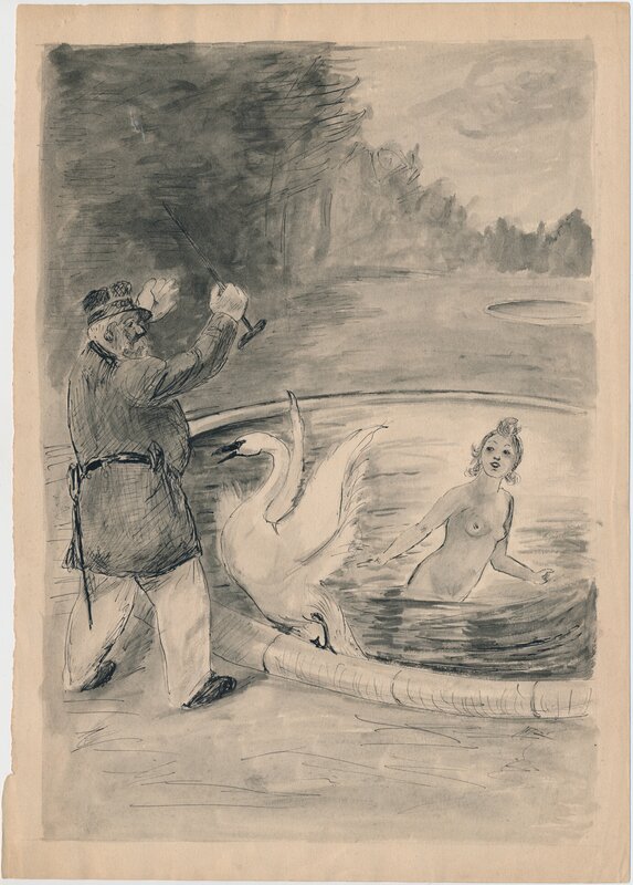 unknown, Léda, le cygne et le garde-champêtre. - Illustration originale