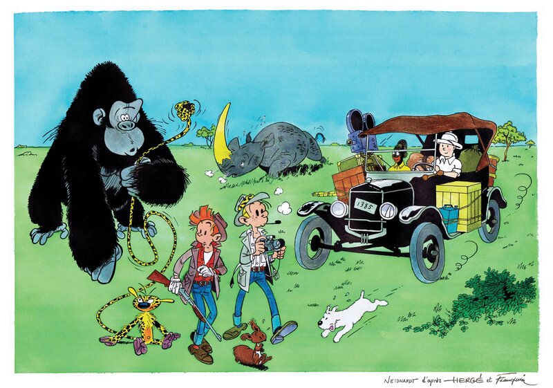 André Franquin, Hergé, Fred Neidhardt, Hommage à Hergé et Franquin (Tintin au Congo) et Spirou (Le Gorille a bonne mine, La Corne du rhinocéros) - Illustration originale
