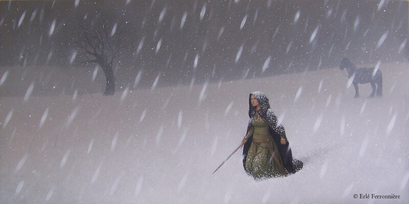 Erlé Ferronnière, Cavalière dans la neige. - Original Illustration
