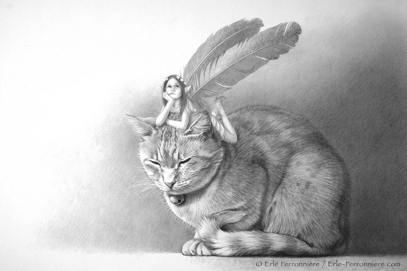 Fée sur un chat by Erlé Ferronnière - Original Illustration
