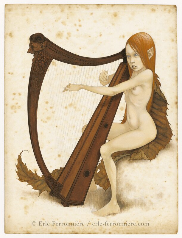 Fée à la harpe. by Erlé Ferronnière - Original Illustration
