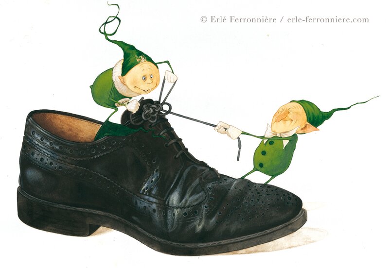 Erlé Ferronnière, Mic & Mac laçant une chaussure - Illustration originale