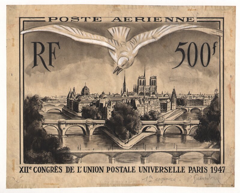 En vente - Pierre Gandon, Dessin original (première esquise) pour le timbre du XII Congrès de l'Union Postale Universelle à Paris 1947. - Œuvre originale