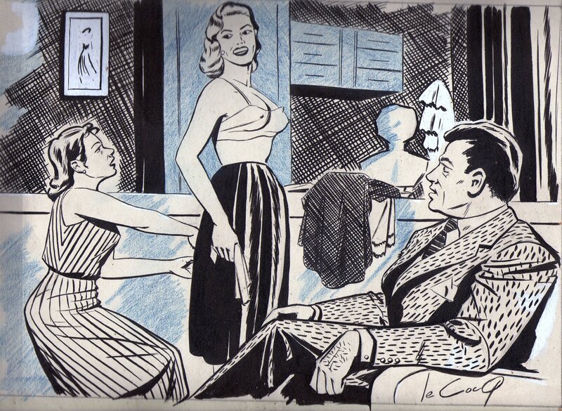 Jean Le Cocq, Illustration à l'encre et au crayon bleu - Publication inconnue, années 1950 - Illustration originale