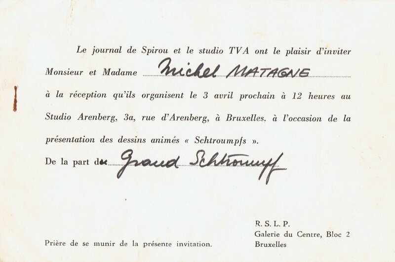 Peyo, Yvan Delporte, Michel Matagne, 16 / Année 1961 / Carton d'invitation du Grand Schtroumpf à l'attention de Michel MATAGNE, 1961. - Œuvre originale