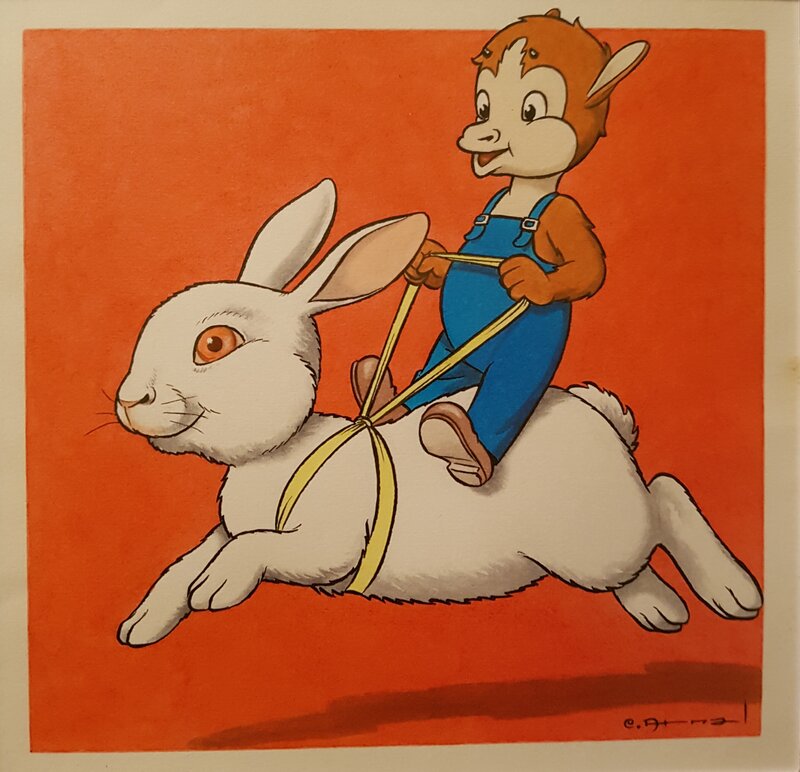 José Cabrero Arnal, Roudoudou, chevauche Blanchounet le lapin blanc géant - Illustration originale
