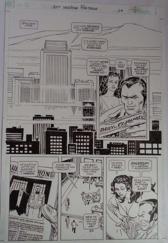 Joe Kubert, Stan Lee, Hollywood skyline -Just Imagine Batman p24 - Original art