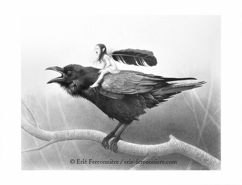 Erlé Ferronnière, La fée sur le corbeau - Original Illustration