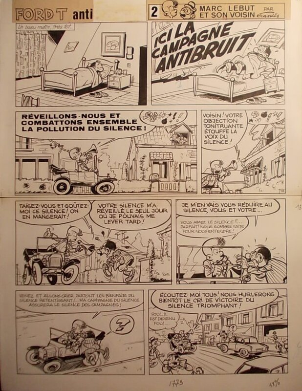 Francis, Maurice Tillieux, Marc Lebut et son Voisin, « Ford T antipollution », planche 1, 1972. - Planche originale