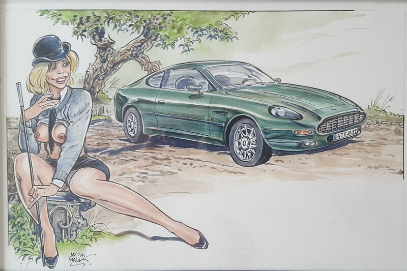 Malik, Belle Aston Martin DB7 et une jolie pin up - Original Illustration