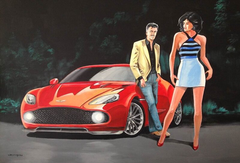 Christian Denayer, Wayne Shelton et une Aston martin Zagato - Original Illustration
