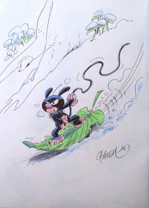 Batem, Le Marsu noir fait du snowboard - Original Illustration