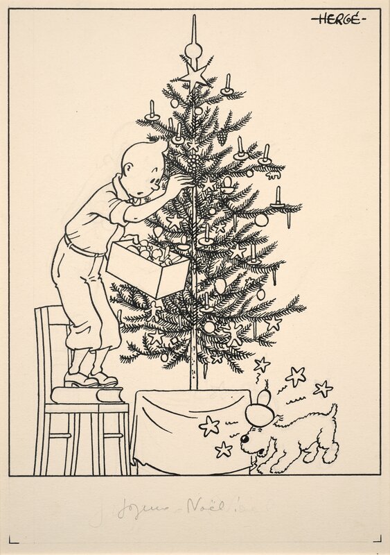 1942 - Tintin & Milou : carte neige Joyeux Noël - © Hergé – Moulinsart - Illustration originale