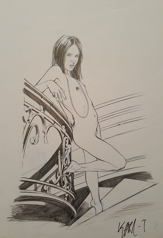Karl Tollet, Femme nue dans les escaliers - Original Illustration
