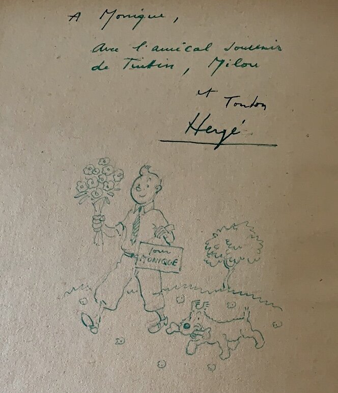 Hergé, Dedicace tintin avec dessin annees 40 - Sketch
