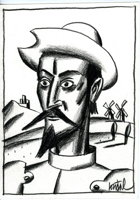 Don Quichotte au fusain de Jacques de Loustal - Illustration originale
