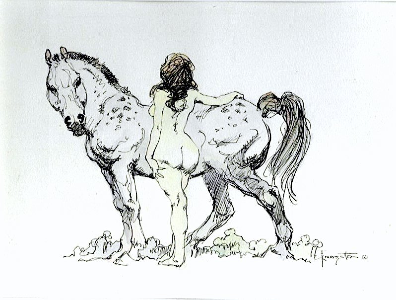 A Young Nude Girl and Her Horse Frazetta 1970s ink finished drawing - Original Illustration