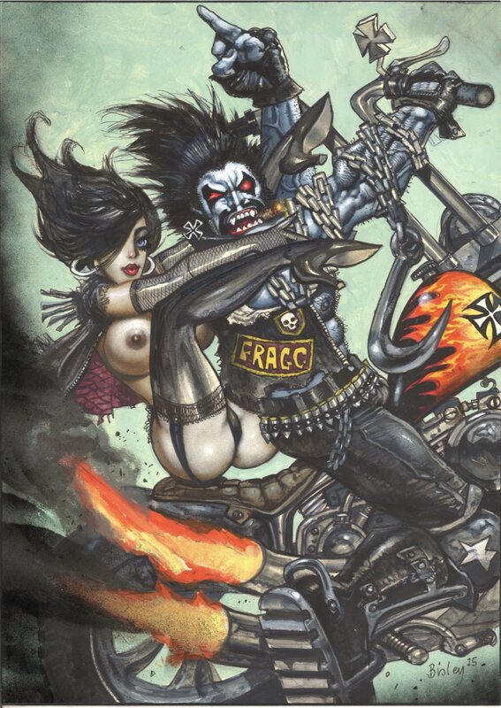 Simon Bisley, Lobo on a motorcycle with sexy Bikergirl - Illustration originale