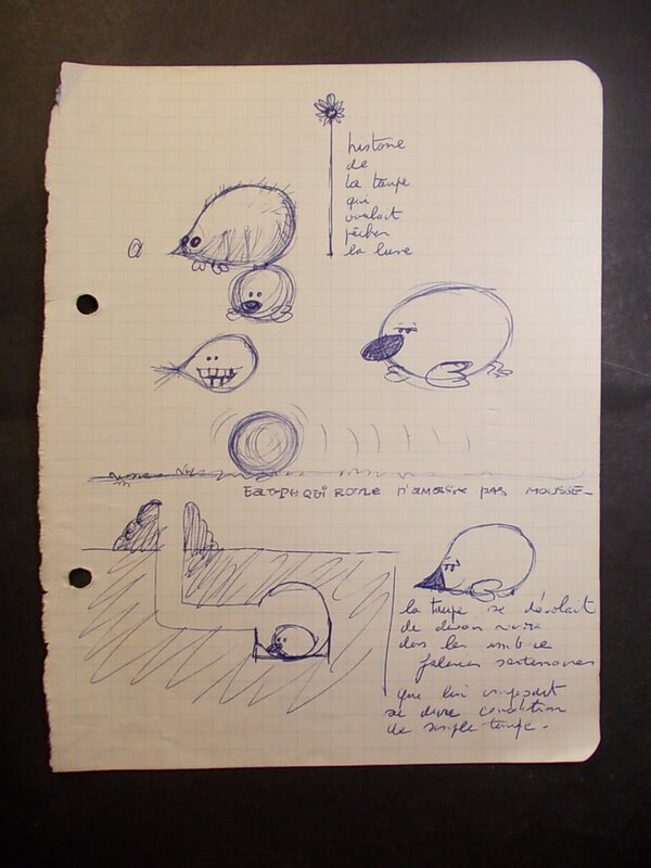 Charles Degotte, Croquis préparatoires pour « Bigoudi, le Hérisson frisé et Julie la Taupe qui voulait pêcher la Lune », 1/6, 1966. - Original art