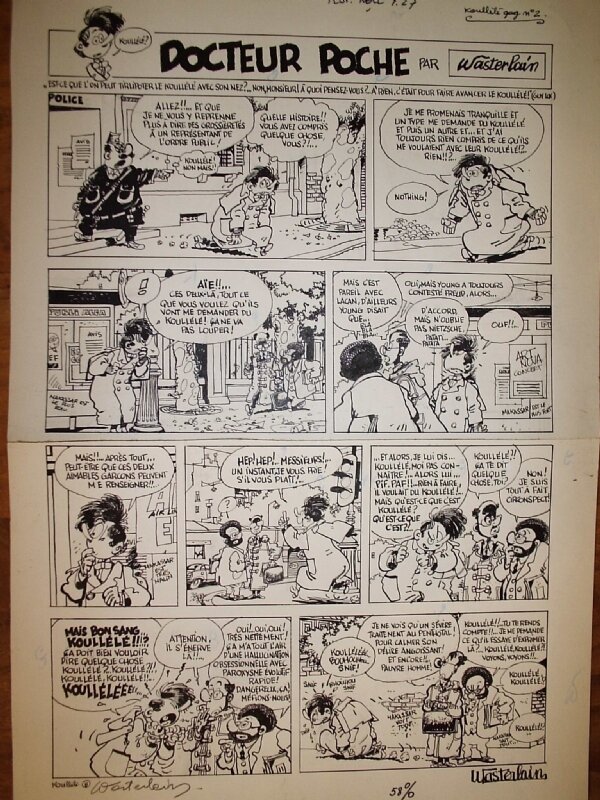 Marc Wasterlain, Daniël Kox, Raoul Cauvin, Le Docteur Poche, Koullélé, planche du deuxième gag sur ce thème, 1981. - Comic Strip