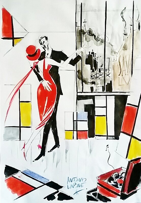 Antonio Lapone, La Fleur dans l'atelier de Mondrian - The last dance in Paris - Illustration originale