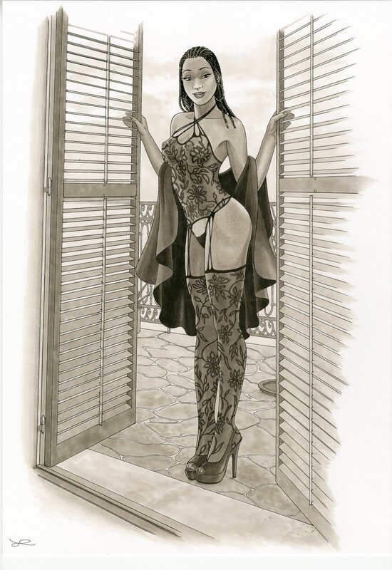 Lounis Chabane, Nathalie on the balcony - Nice 2016 - Original Illustration