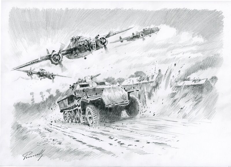 Lucio Perinotto, B-25 vs armored SdKFZ in Normandy - Original Illustration