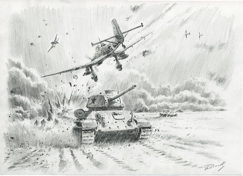 Lucio Perinotto, Stuka VS T 34 - battle of belgorod July 1943 - Illustration originale
