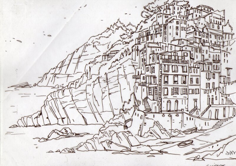 Jim, Riomaggiore, les Cinque terre - Encre sur calque tirée d'une page du tome 1 d'Une Nuit à Rome - Original Illustration