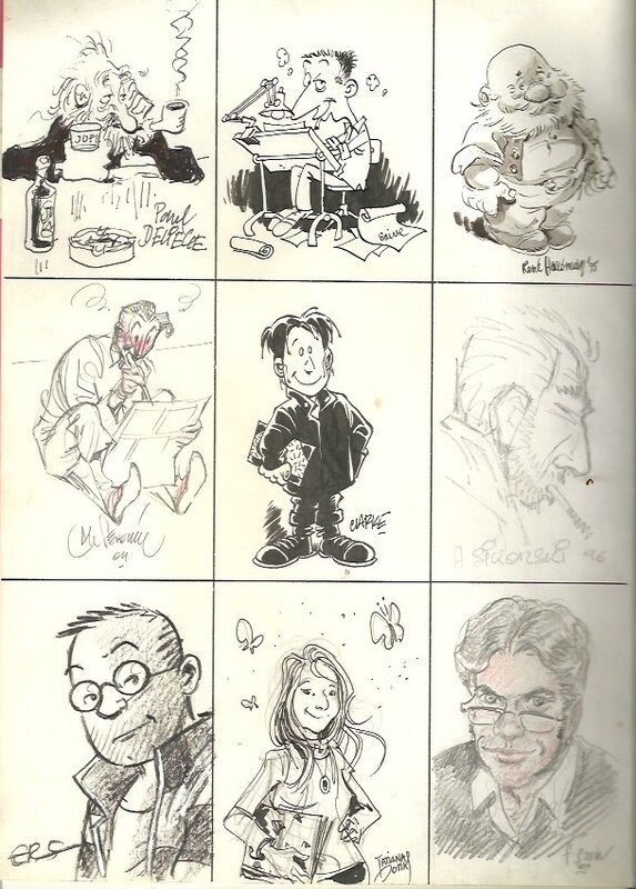 Benoît Ers, René Hausman, Paul Deliège, Olivier Saive, Caricature des dessinateurs qui mon offert leurs dessins sur Gaston - Illustration originale