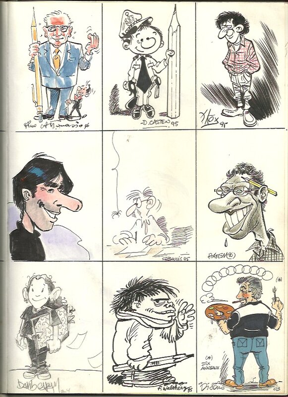 François Walthéry, Didier Casten, Batem, Laudec, Raoul Cauvin, Caricature des dessinateurs qui mon offert leurs dessins sur Gaston - Original Illustration