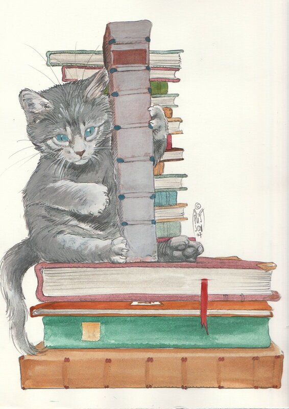 Un chat libraire par François Plisson - Illustration originale