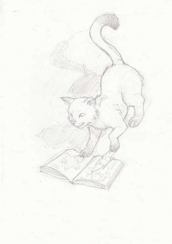 Batist (Baptiste) Payen, Carte de voeux personnelle - Le chat Libraire - Œuvre originale