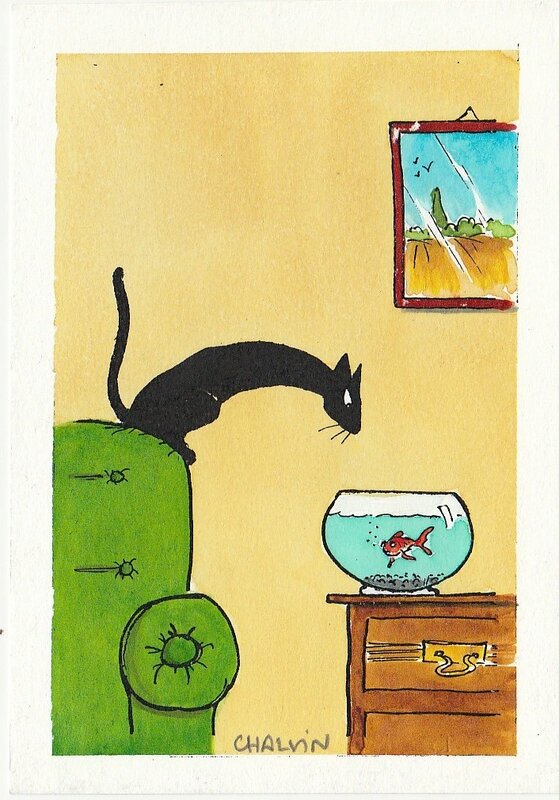 Marc Chalvin, Le chat et le poisson rouge - Illustration originale
